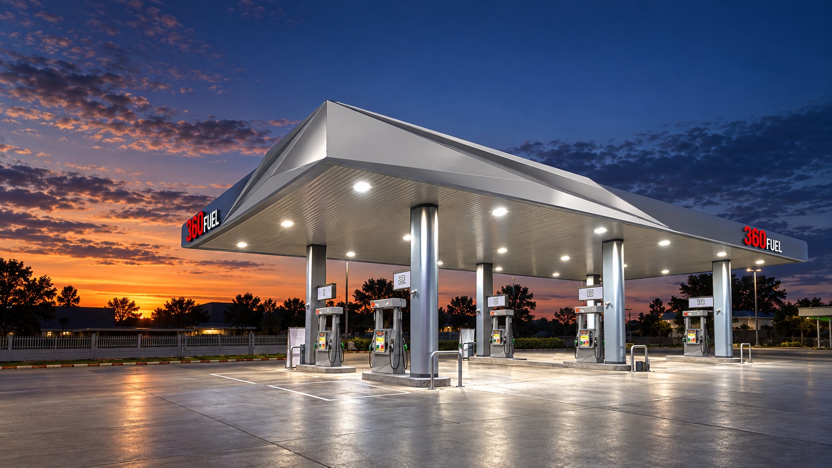 Reference-led concept visualization of a 360Fuel Quantum fueling site at sunset